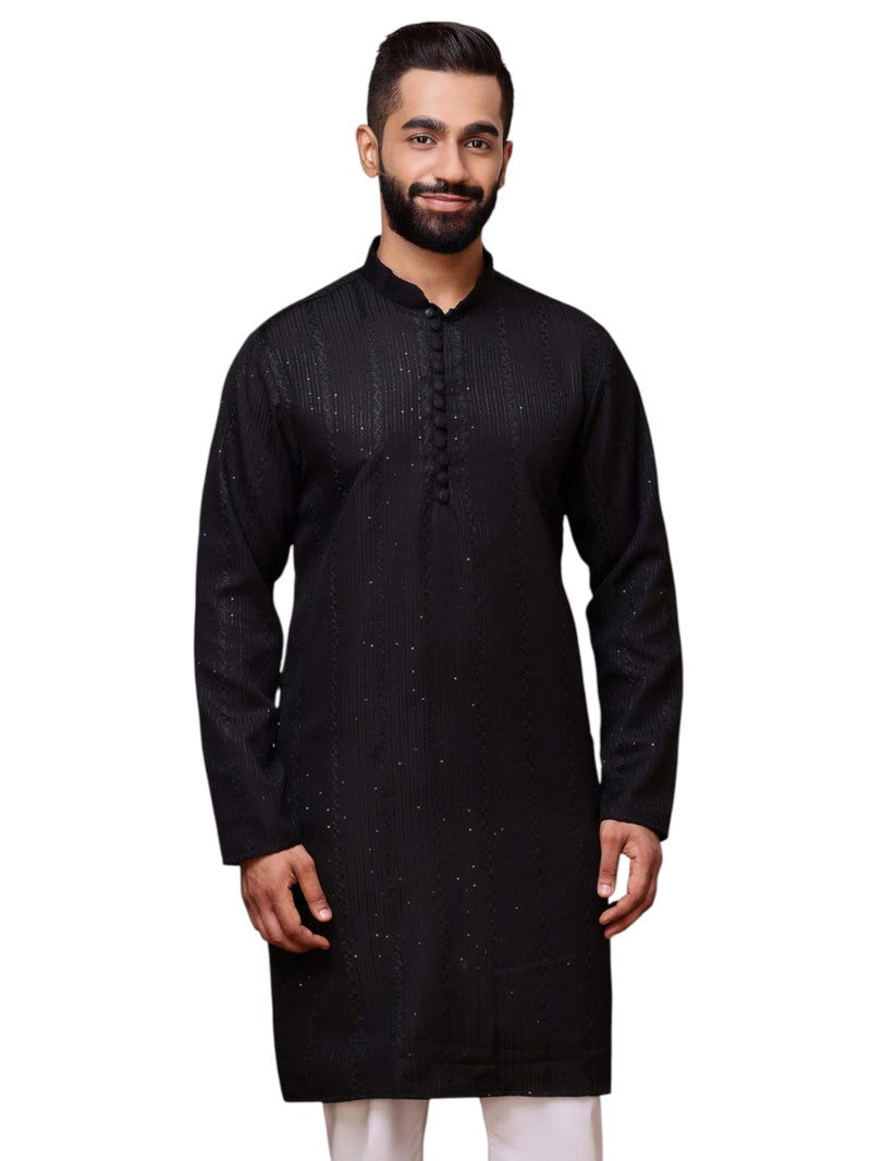 Vardha Men's Black Sequin Embroidered Kurta for Men in Cotton Blend with Vertical Stripe Sequin Dots and Threads Weave Ethnic Kurtas Size -S - Image 1