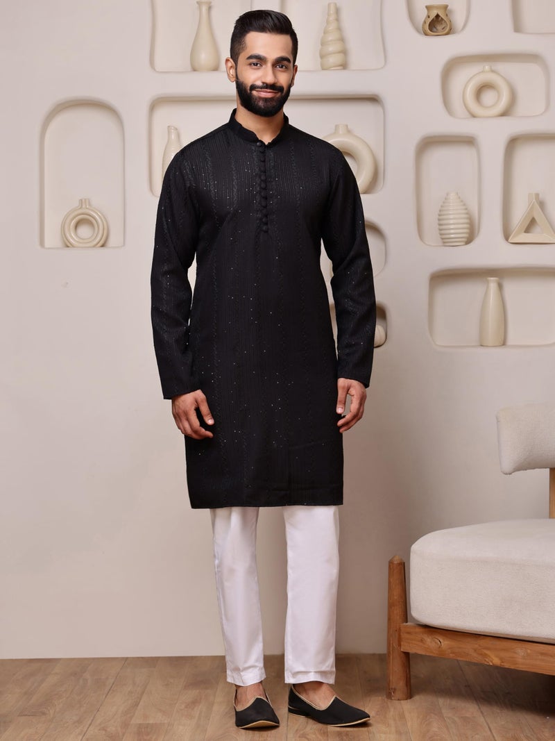 Vardha Men's Black Sequin Embroidered Kurta for Men in Cotton Blend with Vertical Stripe Sequin Dots and Threads Weave Ethnic Kurtas Size -S - Image 2