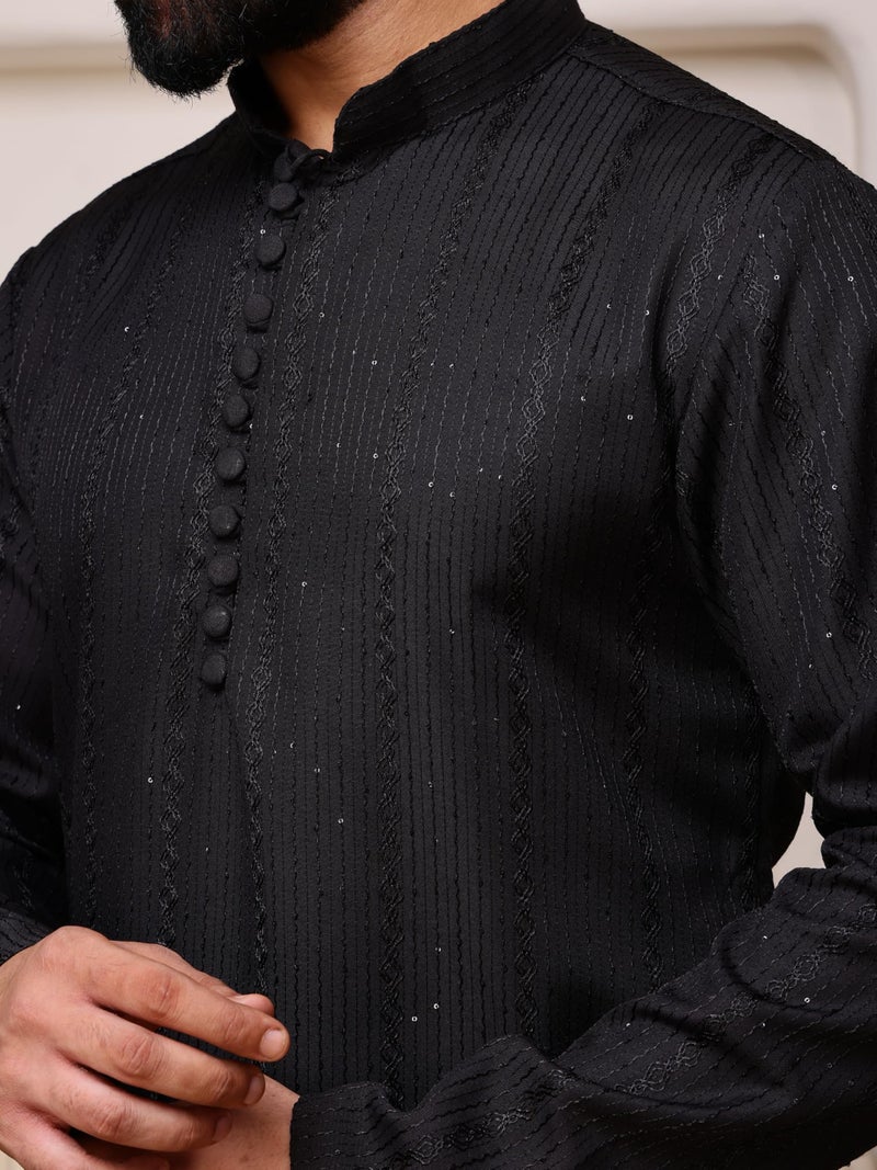Vardha Men's Black Sequin Embroidered Kurta for Men in Cotton Blend with Vertical Stripe Sequin Dots and Threads Weave Ethnic Kurtas Size -S - Image 5