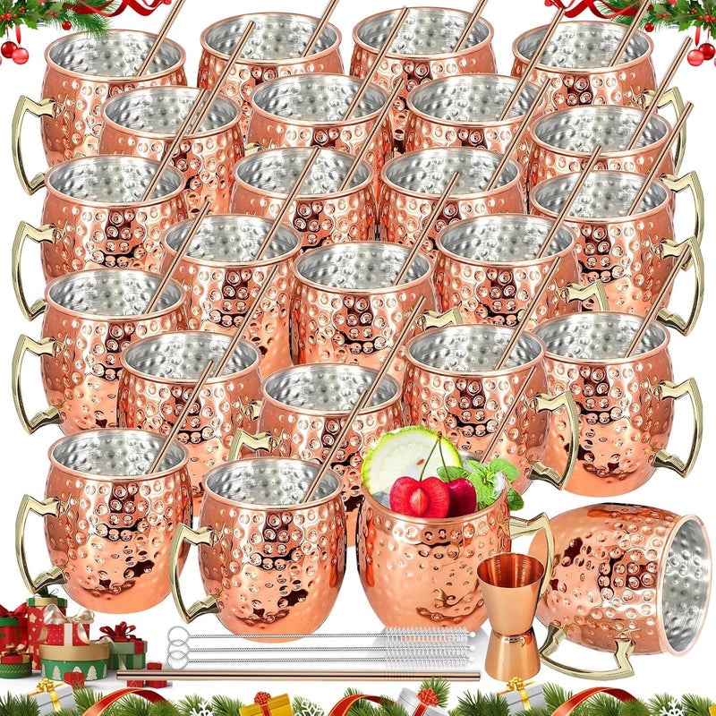 SuproBarware Moscow Mule Mugs Set of 24 Packs Copper Mule Mugs 18oz Bulk Large Hammered Stainless Steel Cups with Handle 1pcs 0.5oz Double Jigger 24pcs Stainless Steel Straws for Cold Chilled Drinks Cocktails - Image 1