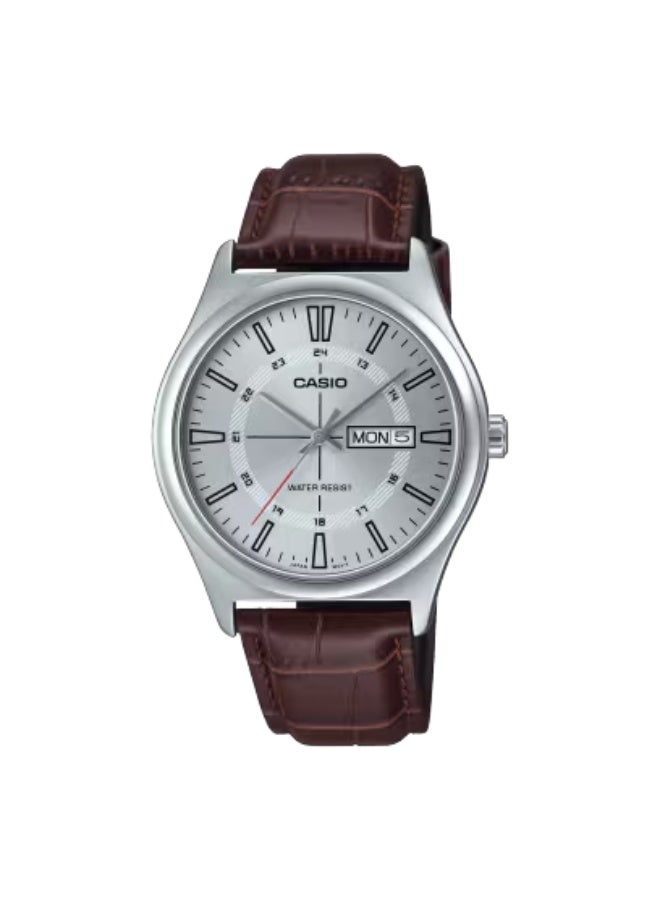 Casio MTP-V004GL-7C Men's Analog Watch Brown Leather Strap Silver White Dial