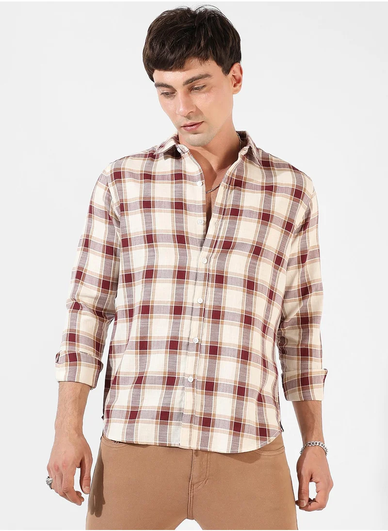 Campus Sutra Campus Sutra Men's Multicolour Checkered Button Up Spread Collar Shirt For Casual Wear | Regular Fit | Cotton Shirt Crafted With Long Sleeve, Comfort Fit & High-Performance For Everyday Wear