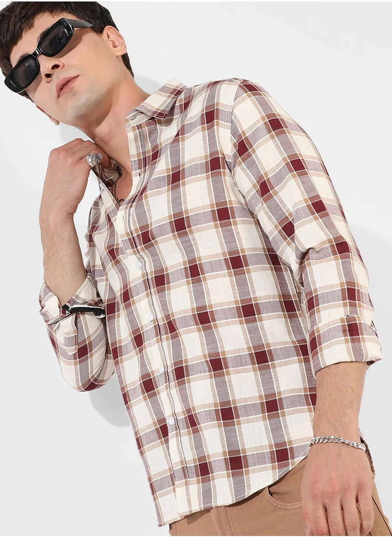 Campus Sutra Campus Sutra Men's Multicolour Checkered Button Up Spread Collar Shirt For Casual Wear | Regular Fit | Cotton Shirt Crafted With Long Sleeve, Comfort Fit & High-Performance For Everyday Wear