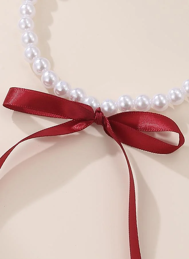 Take Two  Pearl Beaded Necklace with Red Ribbon for Women | Best Price UAE
