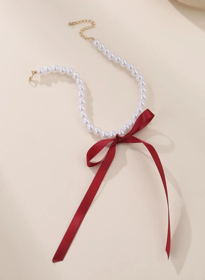 تايك تو Pearl Beaded Necklace with Red Ribbon