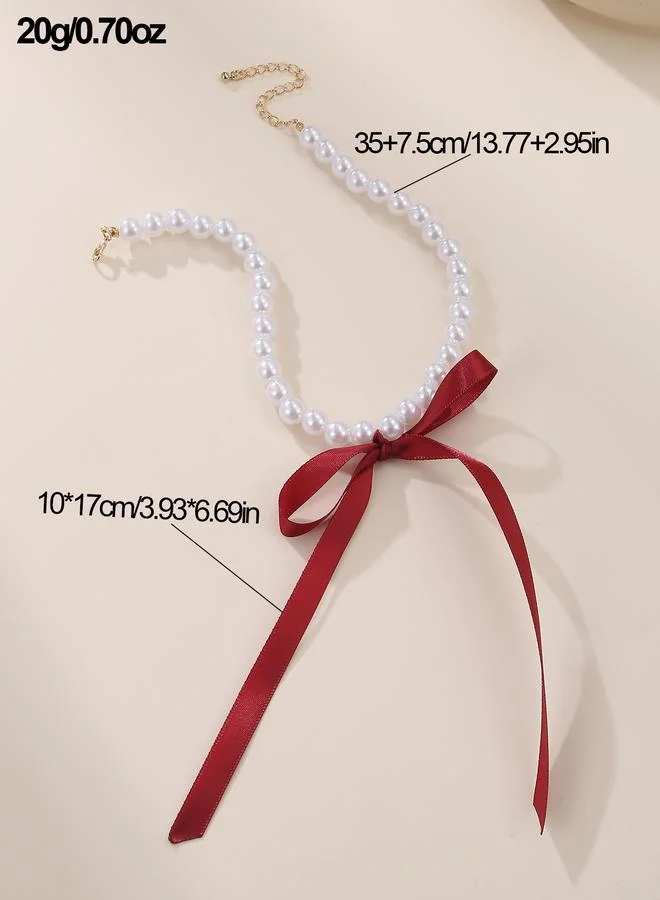 Take Two  Pearl Beaded Necklace with Red Ribbon for Women | Best Price UAE