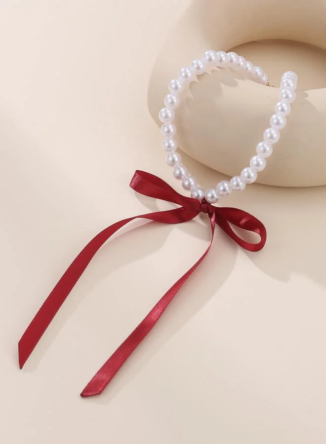 Take Two  Pearl Beaded Necklace with Red Ribbon for Women | Best Price UAE