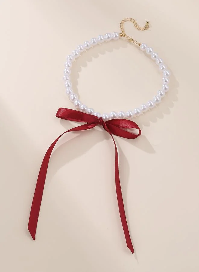 Take Two  Pearl Beaded Necklace with Red Ribbon for Women | Best Price UAE