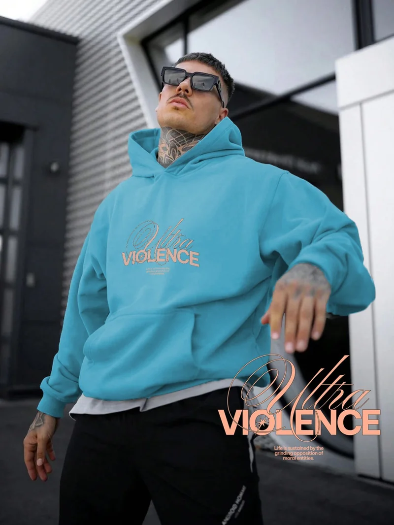 دوغ فش Blue Sweatshirt Ultra Violence Minimalist Typography Printed Thick Baby Blue Lover Sweatshirt