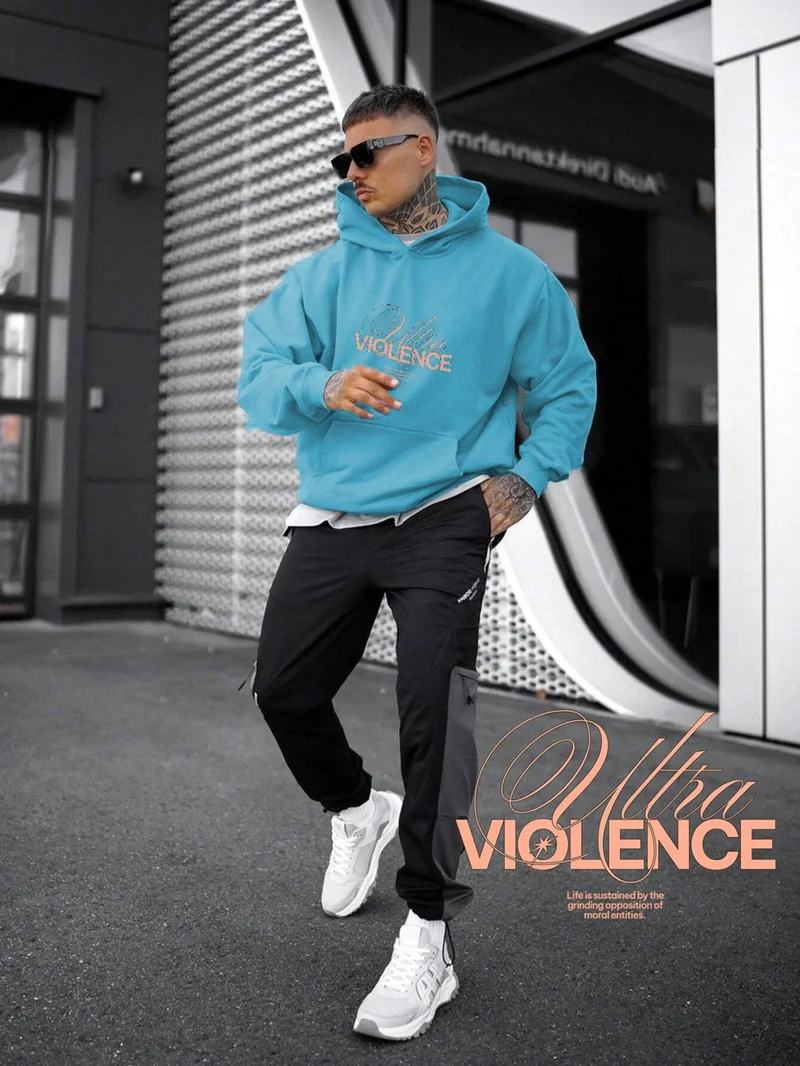 دوغ فش Blue Sweatshirt Ultra Violence Minimalist Typography Printed Thick Baby Blue Lover Sweatshirt