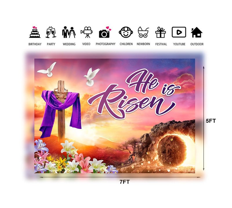 LTLYH 7x5ft Easter Jesus Backdrop He is Risen Banner Background Resurrection Background for Easter Day Celebration Party Decor Banner Photo Props for Home 261 - Image 3