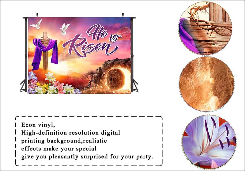 LTLYH 7x5ft Easter Jesus Backdrop He is Risen Banner Background Resurrection Background for Easter Day Celebration Party Decor Banner Photo Props for Home 261 - Image 2
