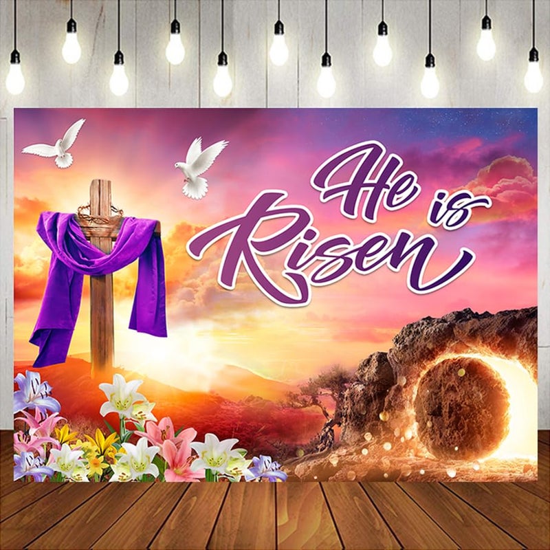 LTLYH 7x5ft Easter Jesus Backdrop He is Risen Banner Background Resurrection Background for Easter Day Celebration Party Decor Banner Photo Props for Home 261 - Image 1