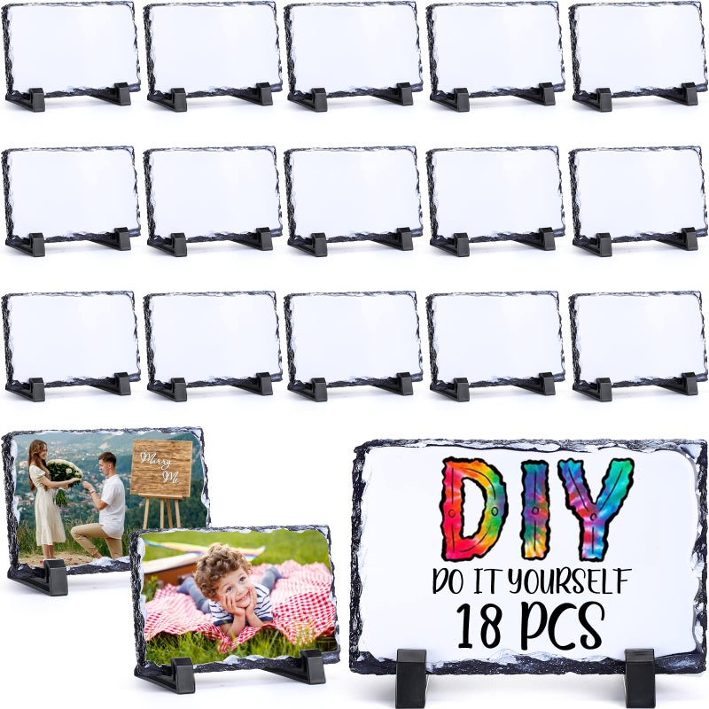 Sabary 18 Pcs Sublimation Blank Slate Rock Stone Bulk Photo Picture Frames Commercial Plaque with Display Stand Decoration for Desktop Souvenir Wedding6 x 4 Inch