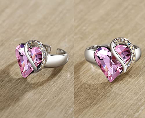 Leafael Infinity Love Women's Adjustable Heart Ring with Rose Quartz Pink Birthstone Crystal for October, Healing Stone for Love, Jewelry Gifts for Women, Silver-Tone, Open End, Size 6.5-13 - Image 2