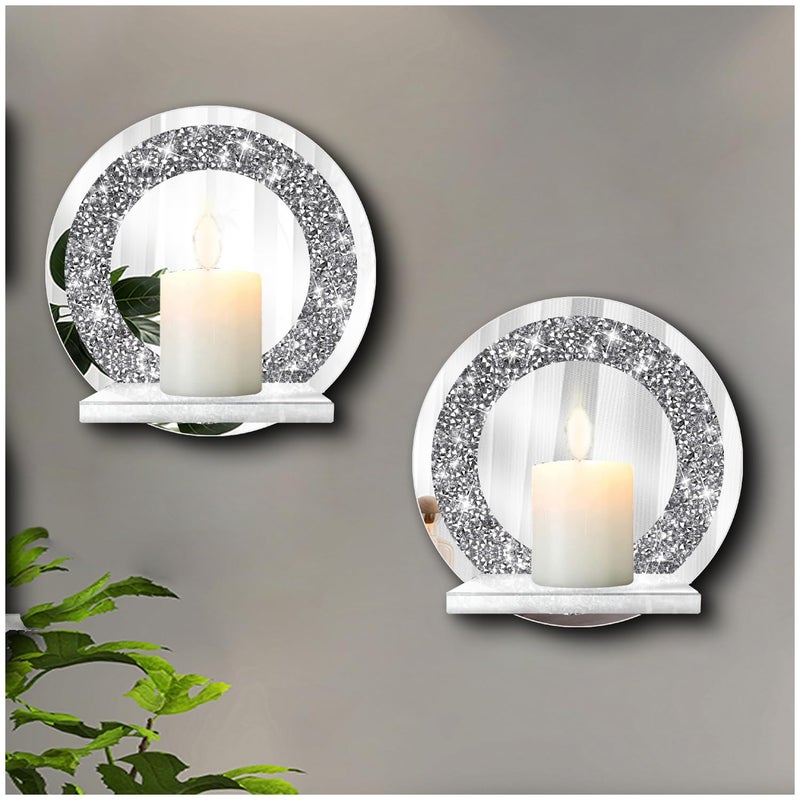 ZOLAPI Set of 2 Crystal Crush Diamond Candle Sconces Gorgeous Silver Mirrored Wall Sconce Candle Holder Glass Wall Decorations for Home Dcor Living Room Dining RoomRound