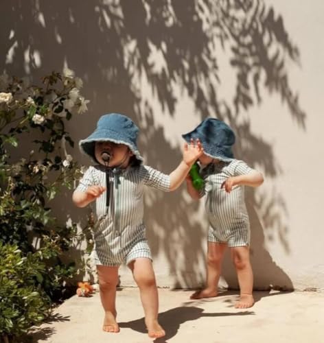 LDIOIF Toddler Boys One Piece Swimsuit Zipper Rash Guard Short Sleeve Bathing Suit Blue Green Stripe Seersucker Swimwear 3-4T - Image 3