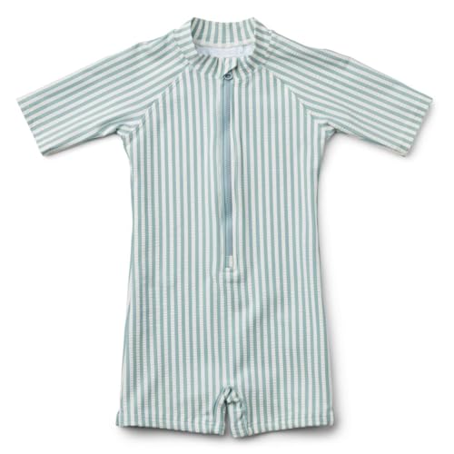 LDIOIF Toddler Boys One Piece Swimsuit Zipper Rash Guard Short Sleeve Bathing Suit Blue Green Stripe Seersucker Swimwear 3-4T - Image 1