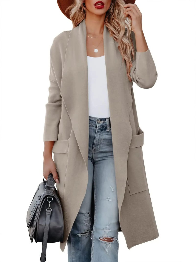 GOLDSTITCH Women's Open Front Knited Loose Cardigan Casual Long Sleeve Draped Knit Pockets Long Jackets Sweater Khaki - Image 1