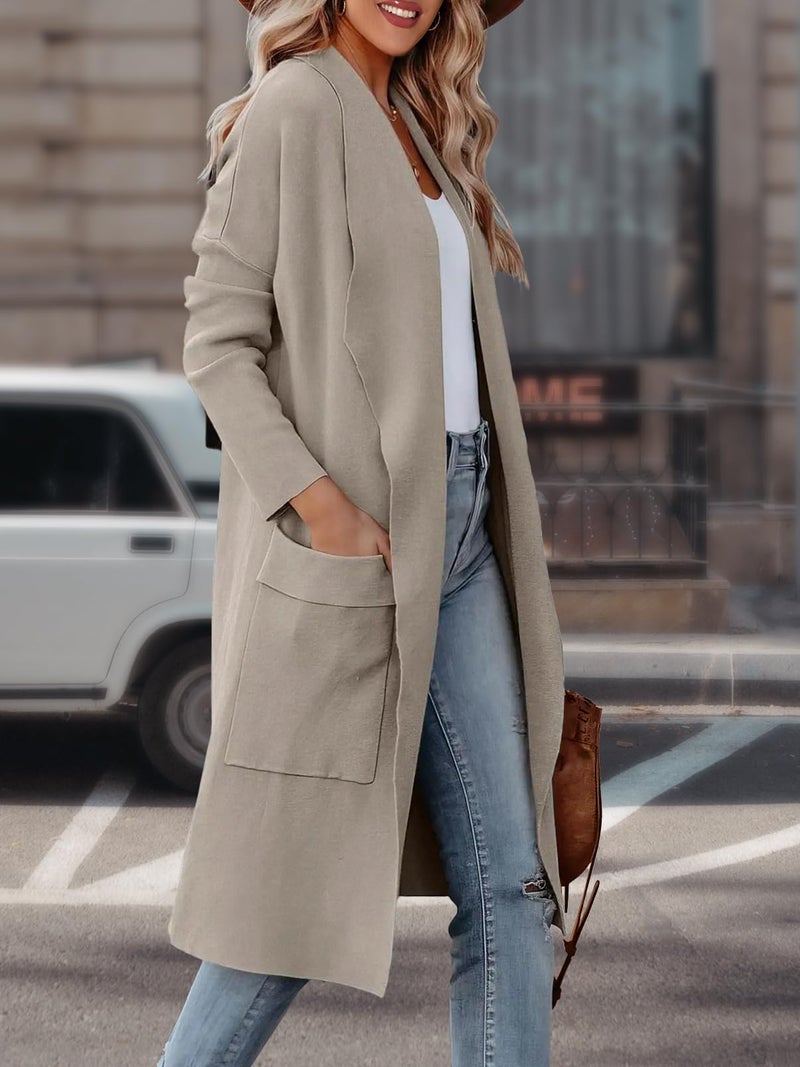 GOLDSTITCH Women's Open Front Knited Loose Cardigan Casual Long Sleeve Draped Knit Pockets Long Jackets Sweater Khaki - Image 3