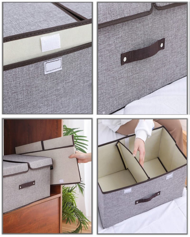 wolpin Storage Basket With Double Lid Stackable Bins Wardrobe Clothes Closet Organizer Foldable Rectangular Drawer Box Storage Bins With Handle, Grey, Oxford Fabric, 35 x 15 x 25 Centimeters - Image 3