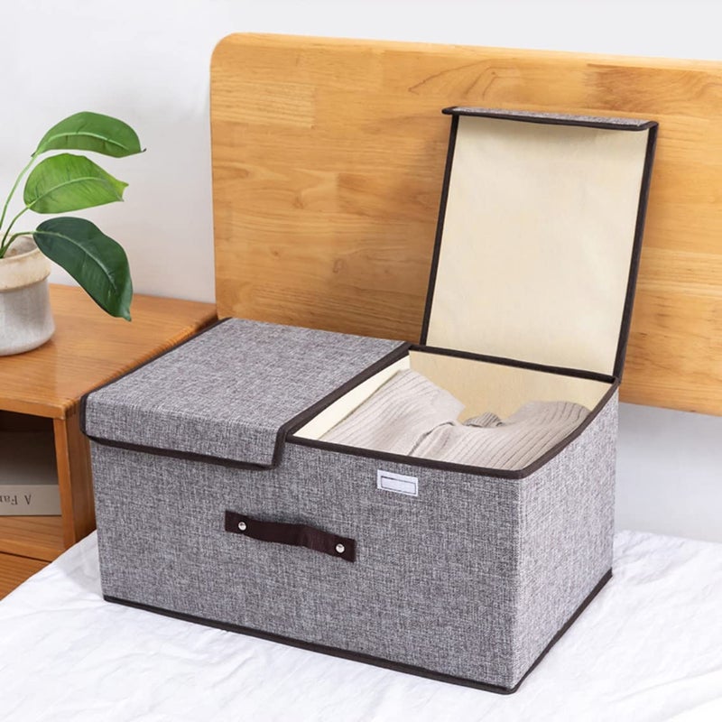 wolpin Storage Basket With Double Lid Stackable Bins Wardrobe Clothes Closet Organizer Foldable Rectangular Drawer Box Storage Bins With Handle, Grey, Oxford Fabric, 35 x 15 x 25 Centimeters - Image 5