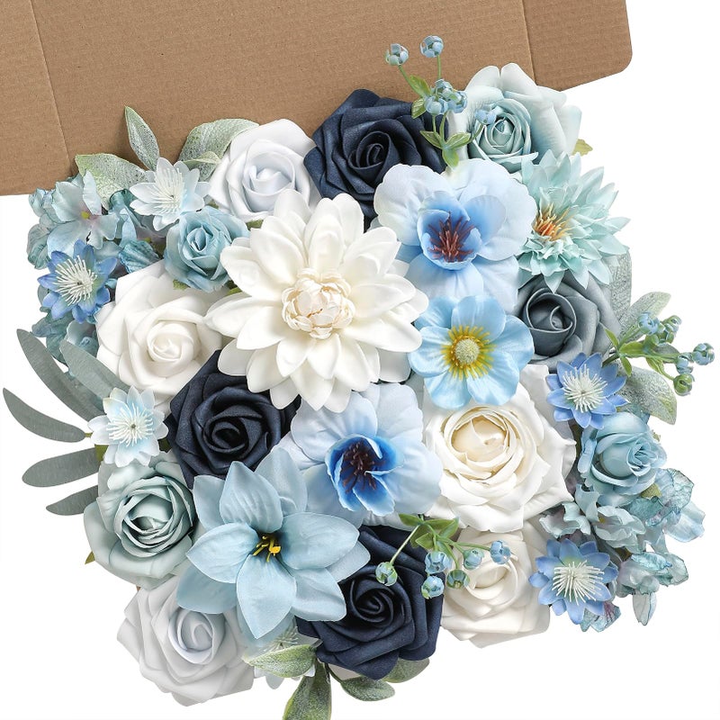 Koroni Flowers مجموعة زهور كوروني الاصطناعية في صندوق أزرق، مثالية لباقات الزفاف، وتزيين حفلات الزفاف، وتنسيقات الزهور الاصطناعية، وقطع الزينة المركزية لطاولات الحفلات، وديكور المنزل الداخلي والخارجي. - Image 1