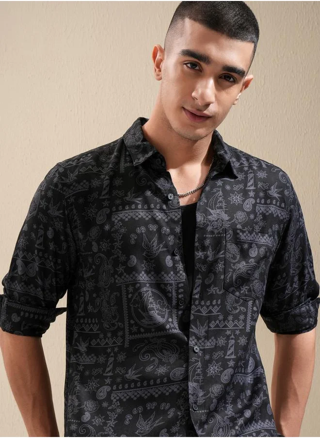 هاي لاندر Printed Regular Fit Collared Shirt