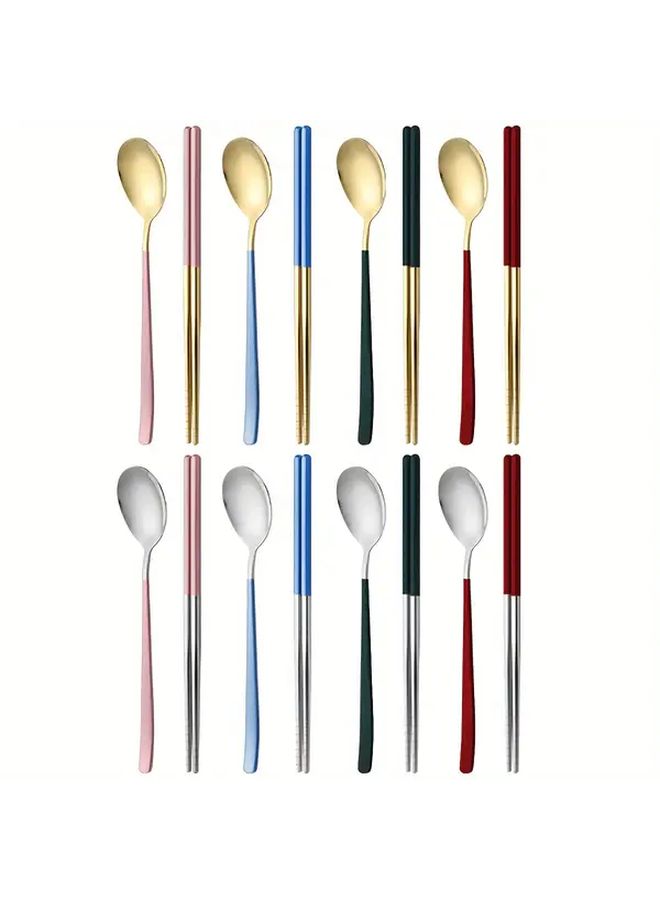 Blue and Silvery 2 Piece Korean Sushi Chopsticks and Soup Spoon Set with Storage Box for Travel - Image 1