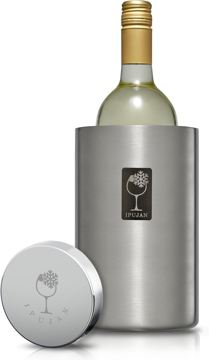 IPUJAN Wine Chiller Bucket with Stainless Ice Stone - Champagne Bucket for 750ml Single Bottle Cold up to 5 Hours - Iceless Insulated Double Walled White Wine Cooler Bucket (Silver) - Image 1