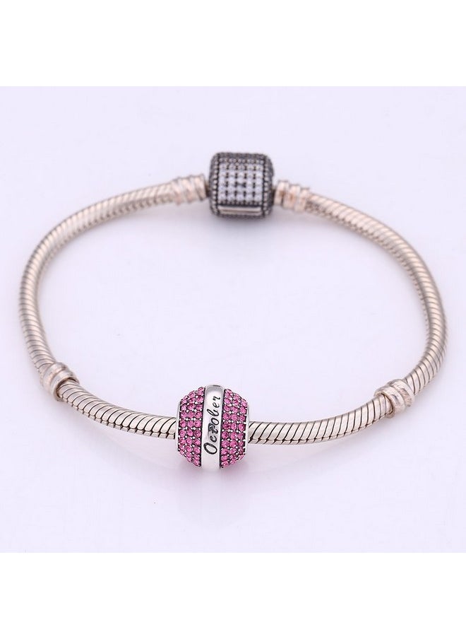 Paiyuan charms - Love Birthday 12 Colors Jan-Dec Charms 925 Sterling Silver Birthstone Crystal Bead For 3Mm Snake Chain Bracelet (Pink October) - Image 1