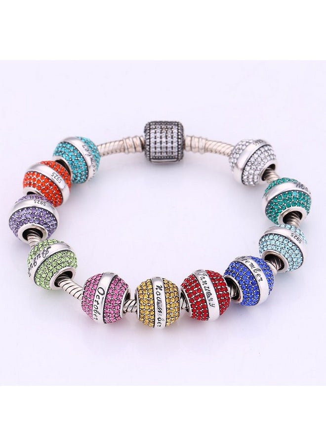 Paiyuan charms - Love Birthday 12 Colors Jan-Dec Charms 925 Sterling Silver Birthstone Crystal Bead For 3Mm Snake Chain Bracelet (Pink October) - Image 1