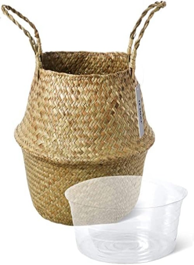AKDC Le Tauci Plant Basket With Liner - Woven Seagrass Belly Baskets, Home Boho Decor, Storage Laundry Picnic Grocery Straw Bag For Artificial Tree（Small - 7 Inch, Original） - Image 4