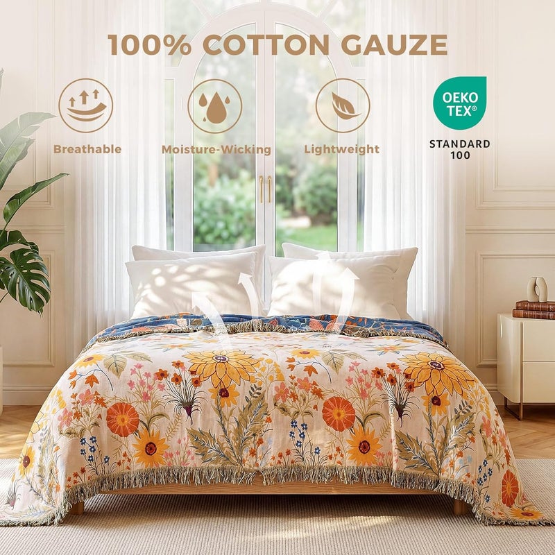 LUTBM Boho Throw Blanket for Couch Sofa Chair Cotton Blankets for Bedroom Living Room All Season Soft Lightweight Reversible Floral Embroidery Throws 50"x60" - Image 2