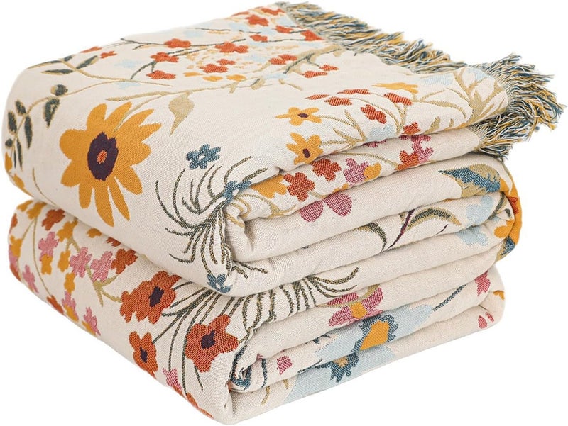 LUTBM Boho Throw Blanket for Couch Sofa Chair Cotton Blankets for Bedroom Living Room All Season Soft Lightweight Reversible Floral Embroidery Throws 50"x60" - Image 1