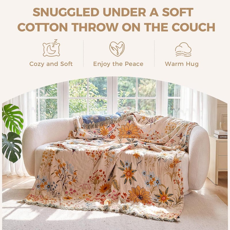 LUTBM Boho Throw Blanket for Couch Sofa Chair Cotton Blankets for Bedroom Living Room All Season Soft Lightweight Reversible Floral Embroidery Throws 50"x60" - Image 4