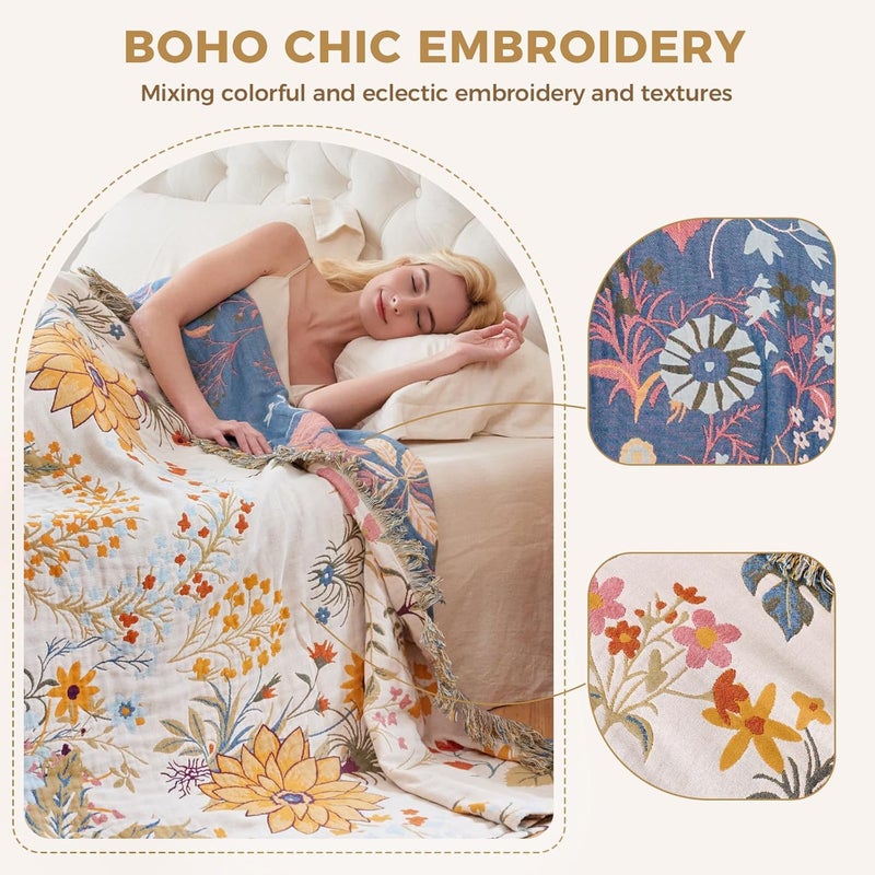 LUTBM Boho Throw Blanket for Couch Sofa Chair Cotton Blankets for Bedroom Living Room All Season Soft Lightweight Reversible Floral Embroidery Throws 50"x60" - Image 3