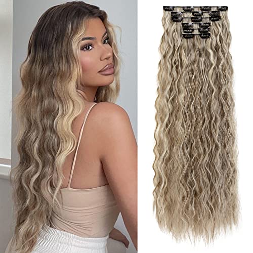 FLUFYMOOZ Clip In Hair Extensions,6PCS Hair Extensions Long Mermaid Waves Wavy Synthetic Clip On Hairpiece For Women 24 Inch (Ash Brown with Blonde Highlights) - Image 1