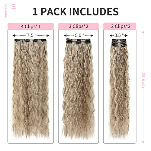 FLUFYMOOZ Clip In Hair Extensions,6PCS Hair Extensions Long Mermaid Waves Wavy Synthetic Clip On Hairpiece For Women 24 Inch (Ash Brown with Blonde Highlights) - Image 3