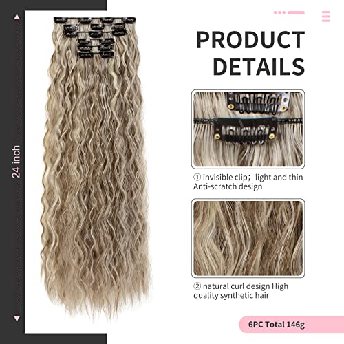 FLUFYMOOZ Clip In Hair Extensions,6PCS Hair Extensions Long Mermaid Waves Wavy Synthetic Clip On Hairpiece For Women 24 Inch (Ash Brown with Blonde Highlights) - Image 2