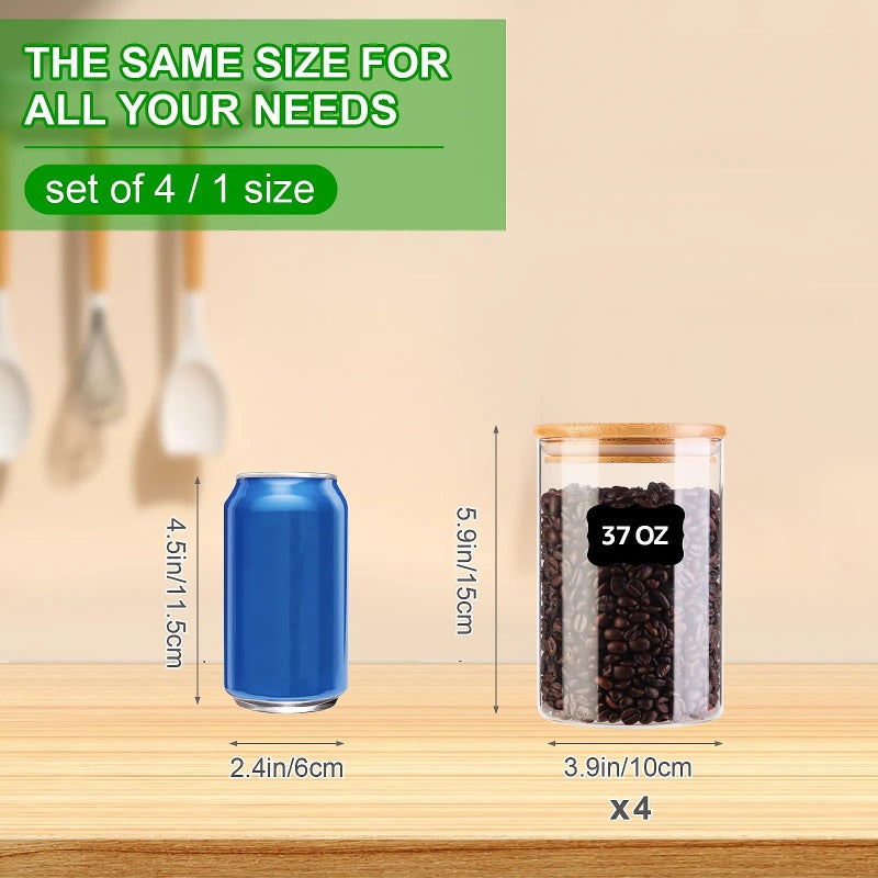 PUSCRIENO Glass Food Jars with Lids,37oz Glass Storage Containers with Airtight Bamboo Lids,Round Glass Canister Set of 4, Pantry Organizers and Storage for Cookie Flour Oat Pasta Tea Coffee Bean - Image 2