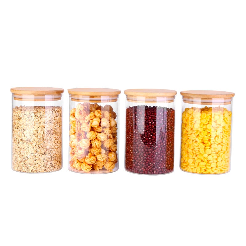 PUSCRIENO Glass Food Jars with Lids,37oz Glass Storage Containers with Airtight Bamboo Lids,Round Glass Canister Set of 4, Pantry Organizers and Storage for Cookie Flour Oat Pasta Tea Coffee Bean - Image 1