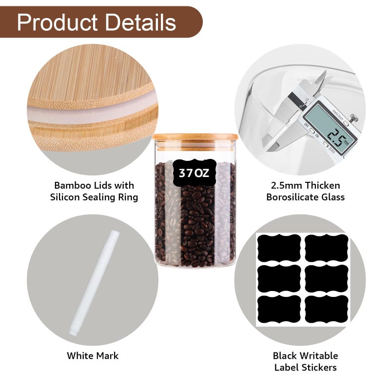 PUSCRIENO Glass Food Jars with Lids,37oz Glass Storage Containers with Airtight Bamboo Lids,Round Glass Canister Set of 4, Pantry Organizers and Storage for Cookie Flour Oat Pasta Tea Coffee Bean - Image 5