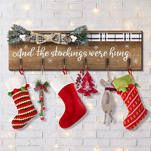 Maitys Christmas Stocking Holder with 6 Hangers The Stockings were Hung Wooden Sign Xmas Wall Hanging Sign Wall Mount Hook Holder Decorative Wood Stocking Hanger for MantleSnowflake Style - Image 1