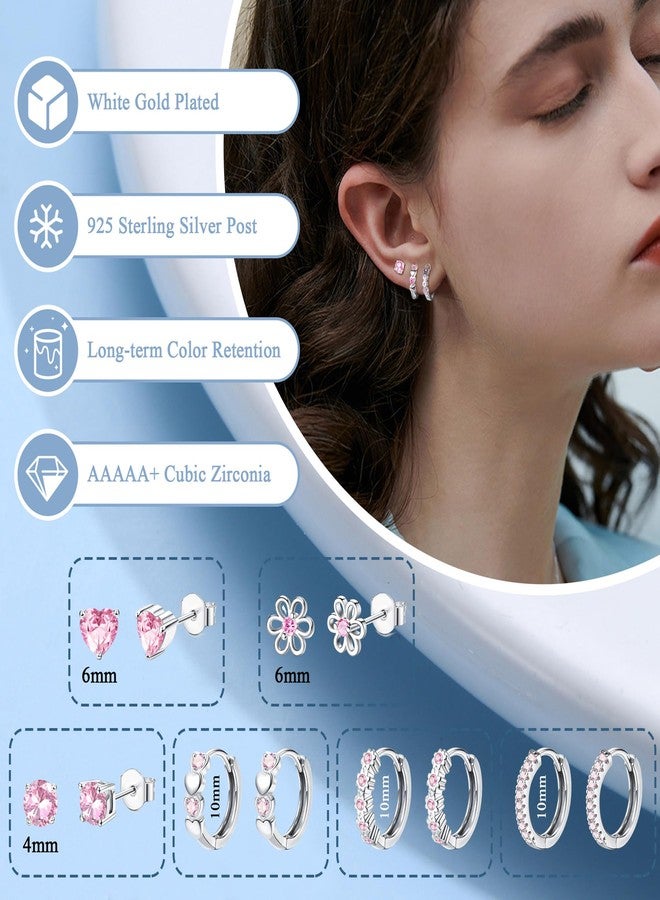YADOCA 𝟵𝟮𝟱 𝗦𝘁𝗲𝗿𝗹𝗶𝗻𝗴 𝗦𝗶𝗹𝘃𝗲𝗿 Earrings for Girls Women - Hypoallergenic Cute Kids Toddler Earrings - Pink Cubic Zirconia Earring Studs Hoop Set for Sensitive Ears - Image 3