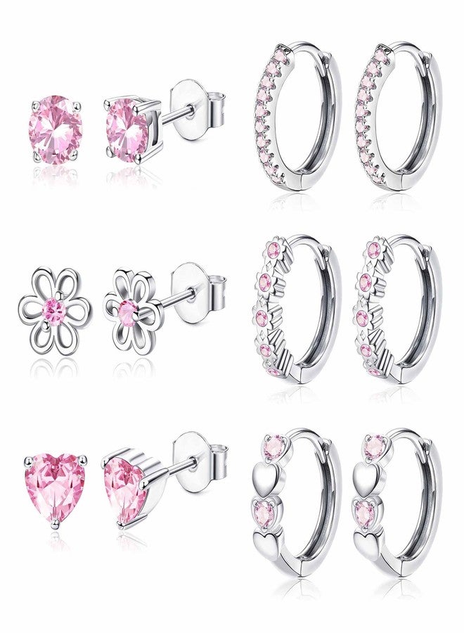 YADOCA 𝟵𝟮𝟱 𝗦𝘁𝗲𝗿𝗹𝗶𝗻𝗴 𝗦𝗶𝗹𝘃𝗲𝗿 Earrings for Girls Women - Hypoallergenic Cute Kids Toddler Earrings - Pink Cubic Zirconia Earring Studs Hoop Set for Sensitive Ears - Image 1
