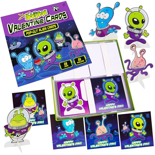 Kangaroo 28 Pack Alien Pop Out Bulk Funny Valentines Day Cards for Kids School Includes Envelopes Stickers Fun Space Themed Valentines for Class Exchange Cards School Party Favors for Boys - Image 1