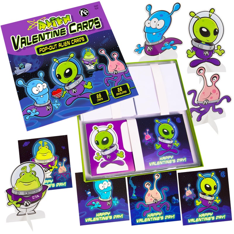 Kangaroo 28 Pack Alien Pop Out Bulk Funny Valentines Day Cards for Kids School Includes Envelopes Stickers Fun Space Themed Valentines for Class Exchange Cards School Party Favors for Boys - Image 3