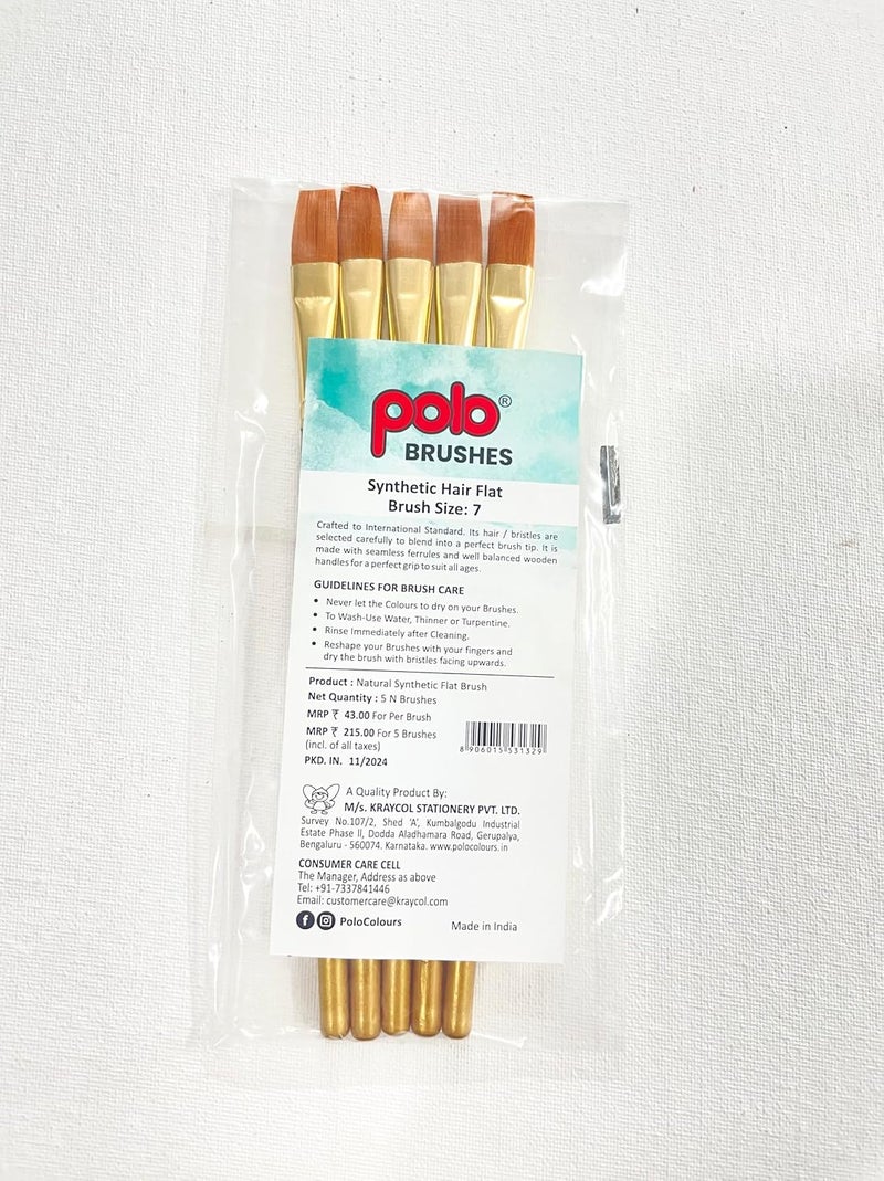 POLO فرش مسطحة من الشعر الصناعي 7 | عبوة من 5 | مجموعة فرش طلاء احترافية بحواف دقيقة للطلاء بالأكريليك، والألوان المائية والزيتية | شعيرات ناعمة لضربات سلسة ومتساوية - Image 2