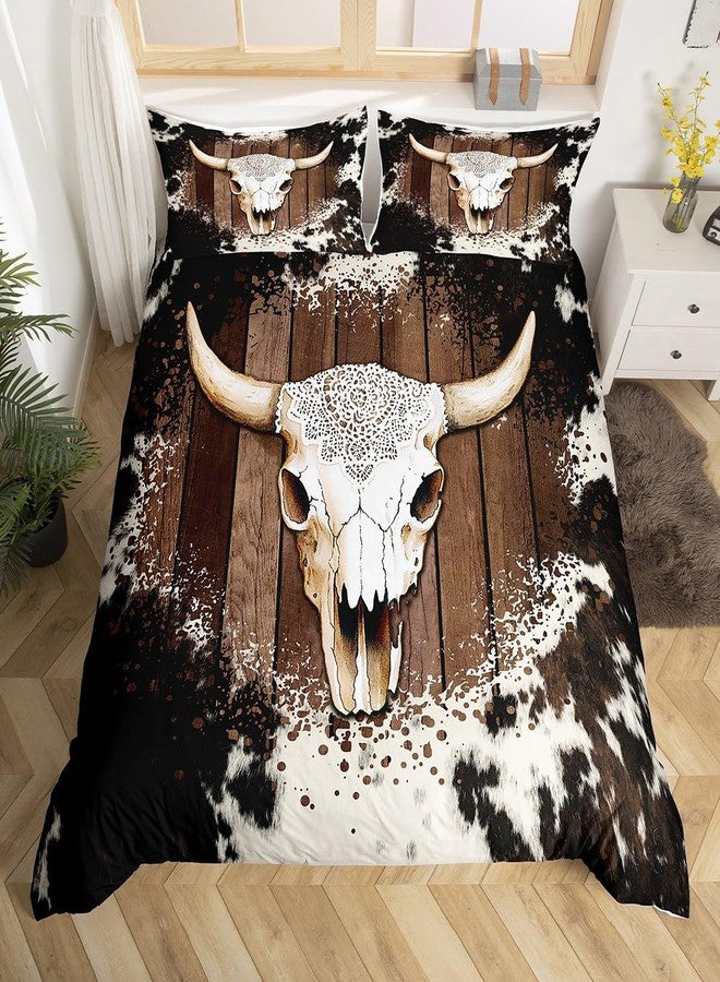 Castle Fairy Cattle Bone Skull Duvet Cover Queen Size,Cowhide Printed Comforter Cover with 2 Pillowcase for Teens,Kids Farmhouse Wood Bedding Set,White Black Brown Breathable Decorative Bed Cover(No Comforter) - Image 3